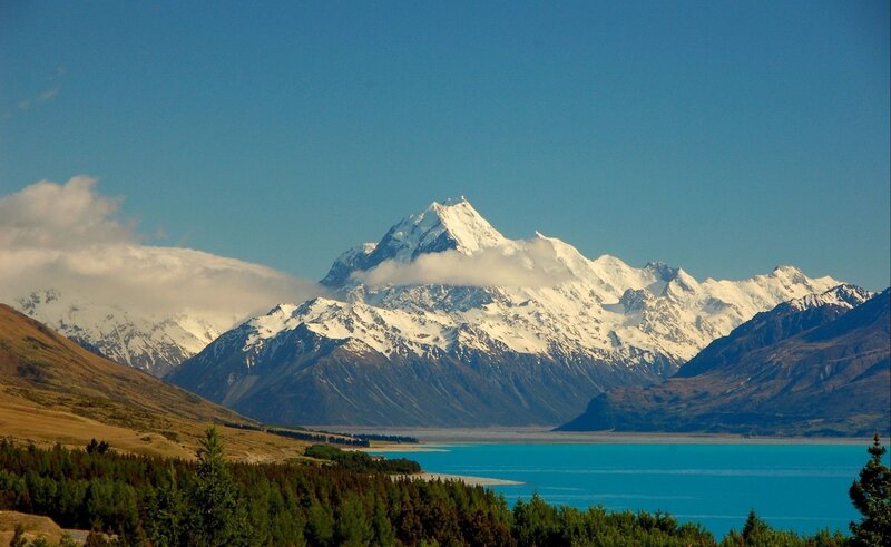Snow-capped mountain and turquoise lake