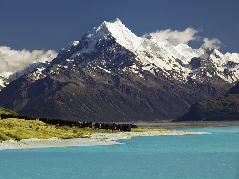 Snow-capped mountain and turquoise lake