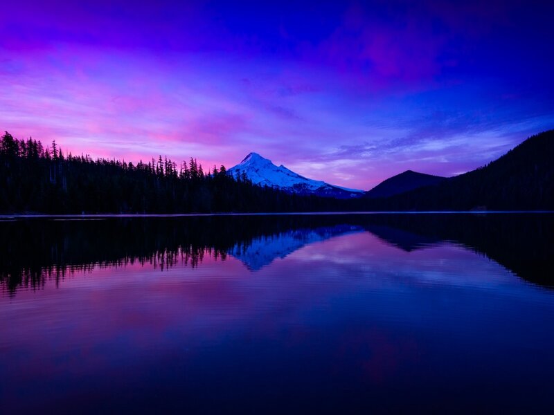 Snow-capped Mountain at Dusk — Purple, Serene, Sunset