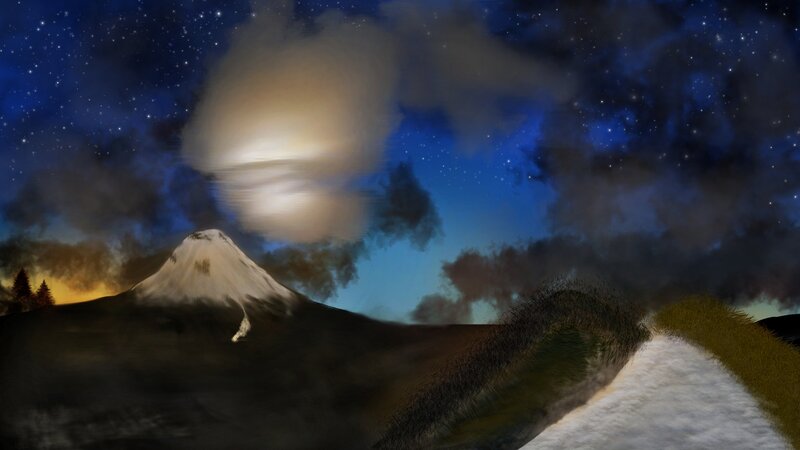 Snow-capped Mountain at Night — Blue, Dramatic, Digital Art, Clouds