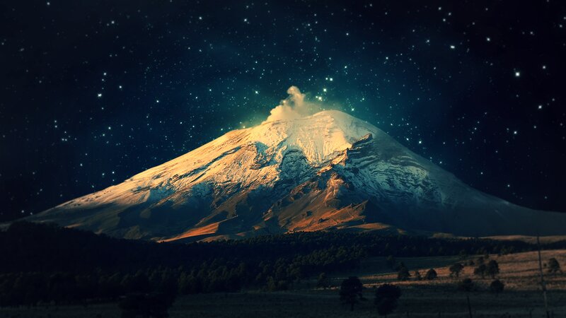 Snow-capped Mountain at Night — Blue, Dramatic, Digital Art, Stars