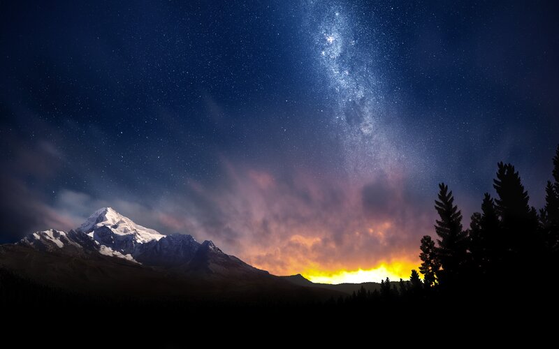 Snow-capped Mountain at Night — Blue, Dramatic, Photograph, Stars, Clouds, Trees
