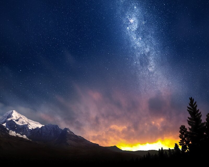 Snow-capped Mountain at Night — Blue, Dramatic, Photograph, Stars, Milky Way, Trees