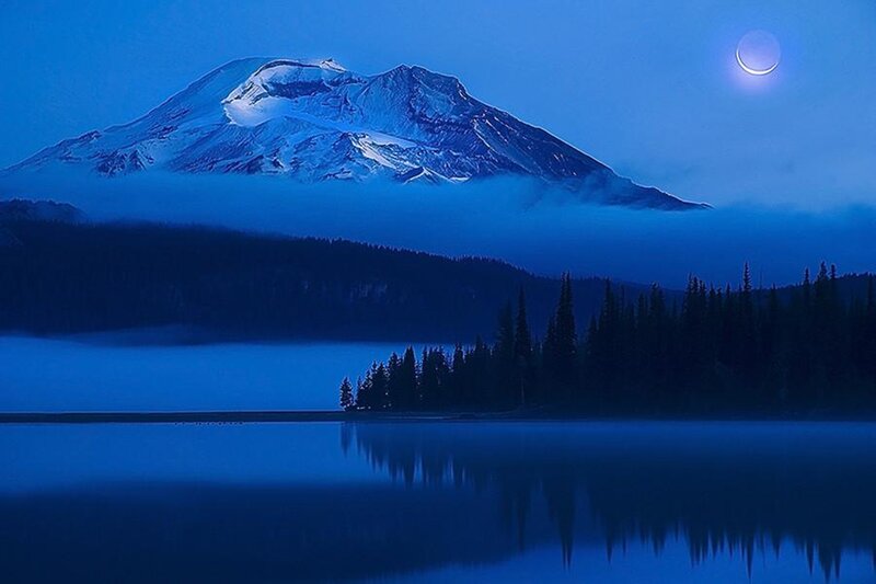 Snow-capped Mountain at Night — Blue, Serene