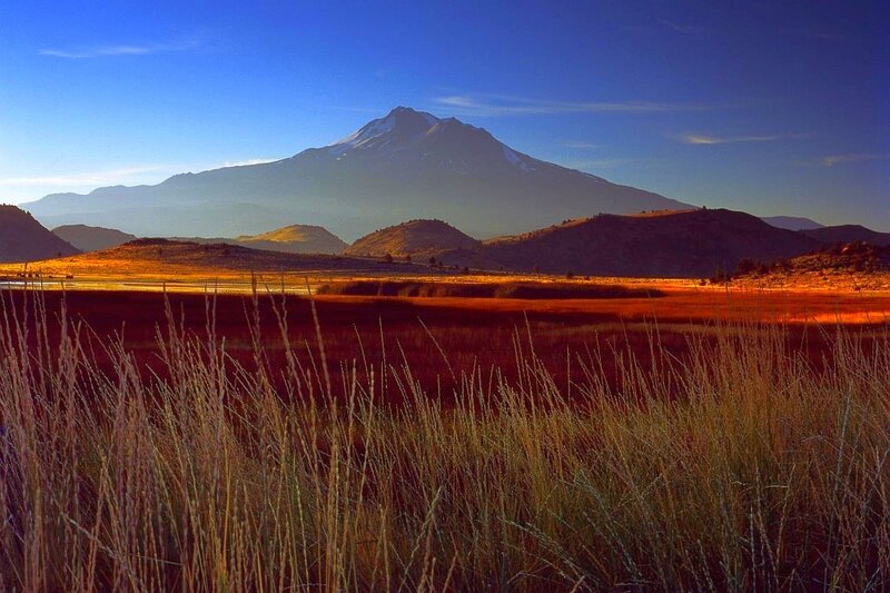 Snow-capped Mountain — Blue, Serene, Sunset, Photograph, Grass, Sky, Orange