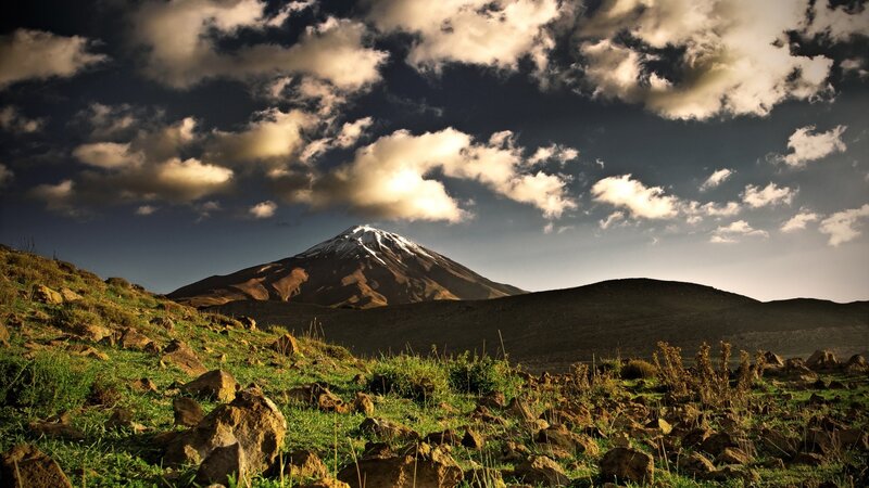 Snow-capped Mountain — Brown, Dramatic, Afternoon, Photograph, Clouds, Grass, Rocks, Green, White
