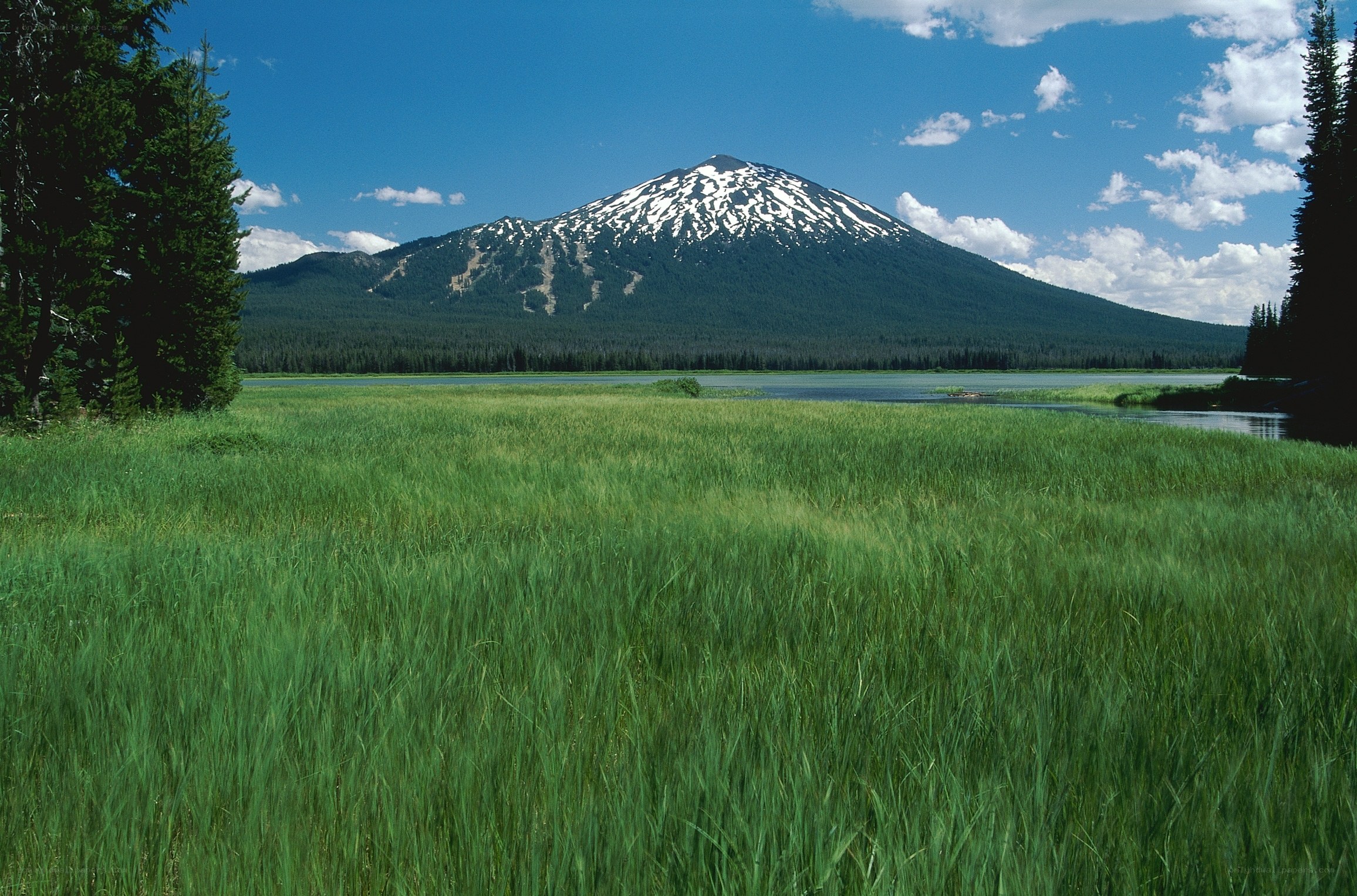 Snow-capped mountain by a lake
