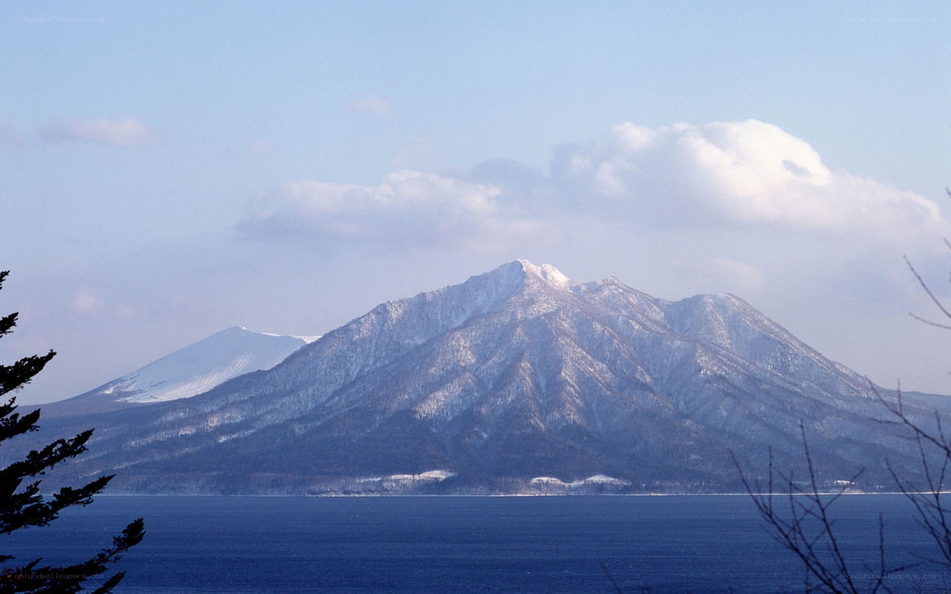 Snow-capped mountain by the sea