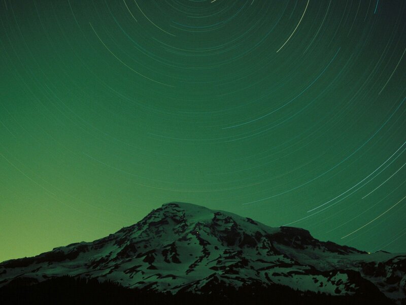 Snow-capped Mountain — Green, Serene, Night, Photograph