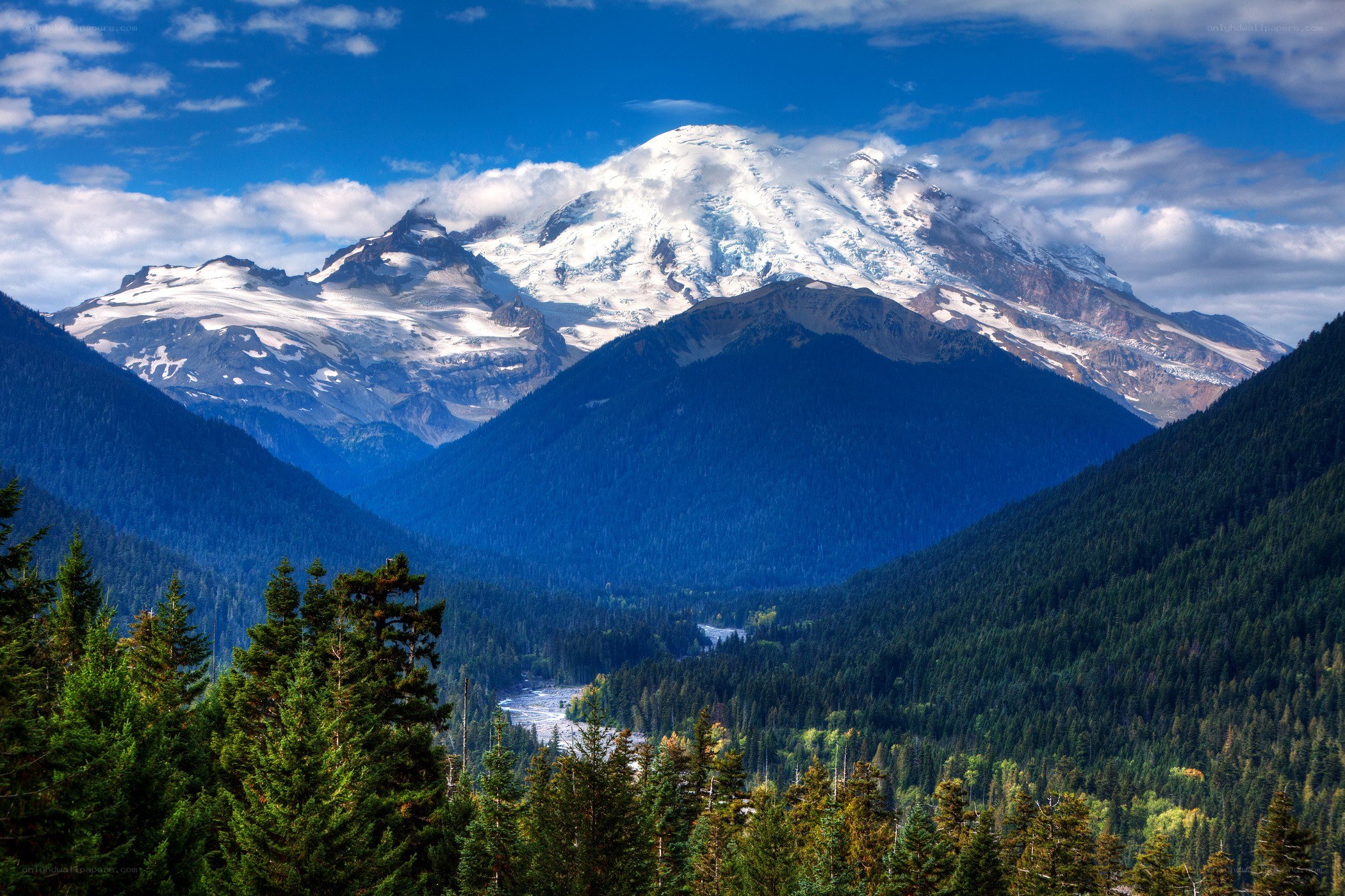 Snow-capped mountain in forest valley