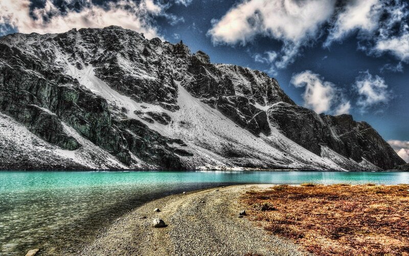 Snow-capped mountain lake