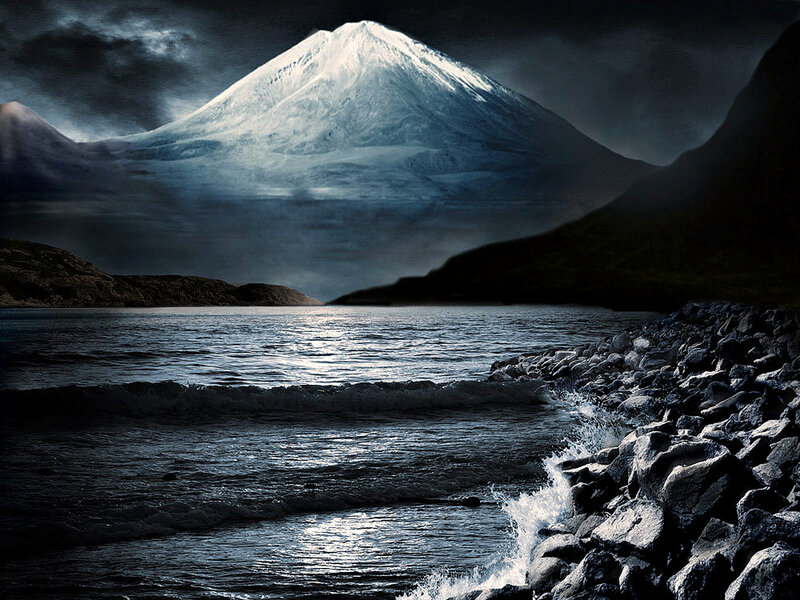 Snow-capped Mountain Lake — Blue, Dramatic, Night
