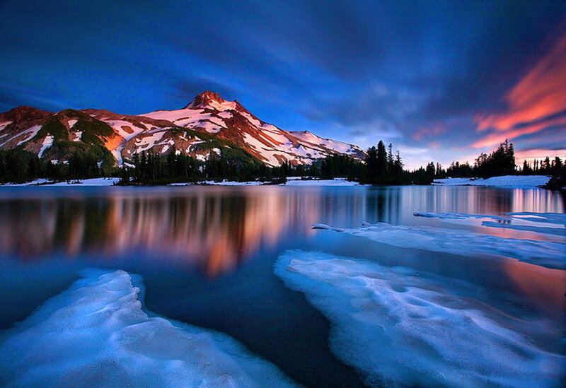 Snow-capped Mountain Lake — Blue, Dramatic, Sunset