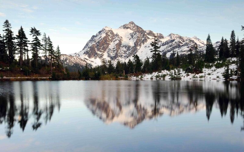 Snow-capped Mountain Lake — Blue, Morning