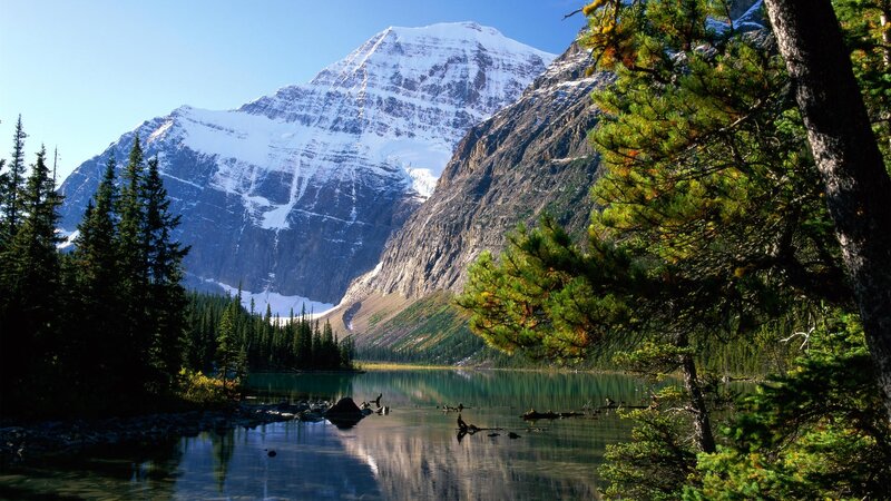 Snow-capped Mountain Lake — Blue, Pine Trees