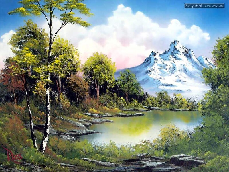 Snow-capped Mountain Lake — Blue, Serene, Afternoon, Painting, Trees