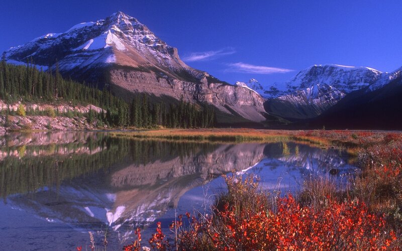 Snow-capped Mountain Lake — Blue, Serene, Afternoon, Photograph, Forest, Autumn Foliage