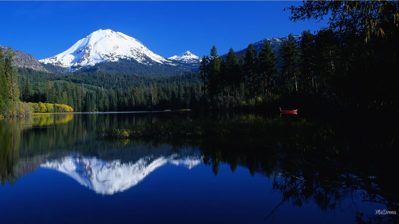 Snow-capped Mountain Lake — Blue, Serene, Afternoon, Photograph, Forest, Canoe
