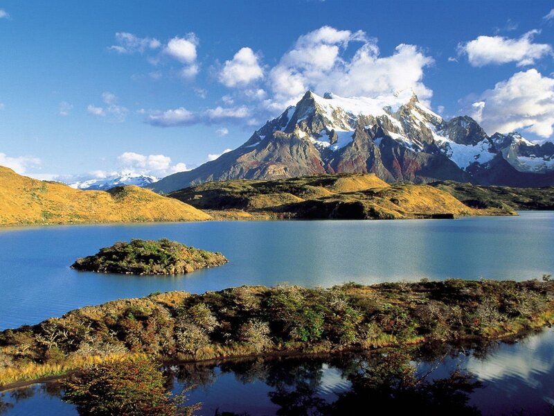Snow-capped Mountain Lake — Blue, Serene, Afternoon, Photograph, Island, Sky, Green