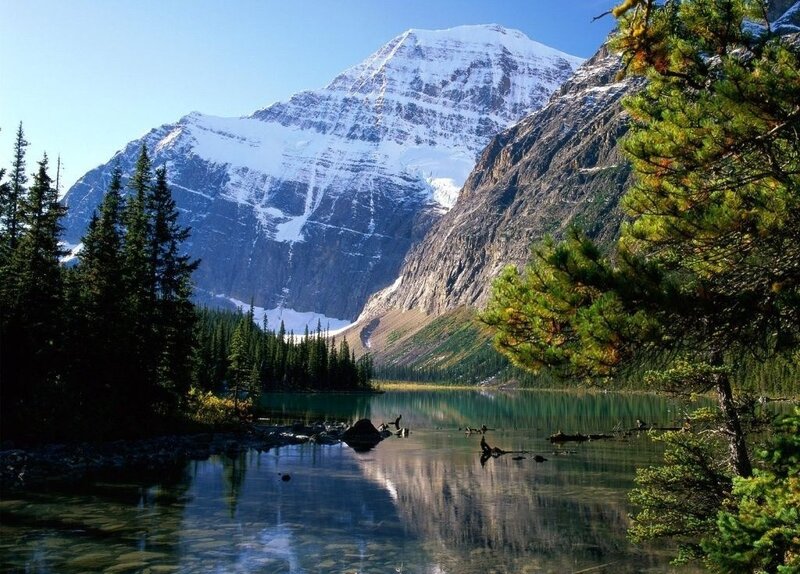 Snow-capped Mountain Lake — Blue, Serene, Afternoon, Photograph, Pine Trees