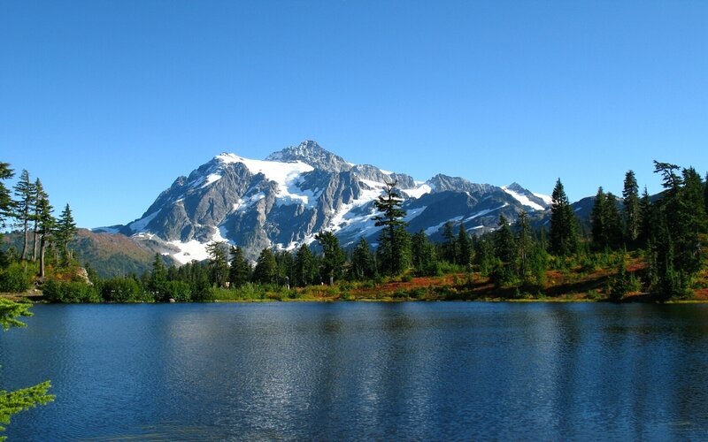 Snow-capped Mountain Lake — Blue, Serene, Afternoon, Photograph, Trees, Green