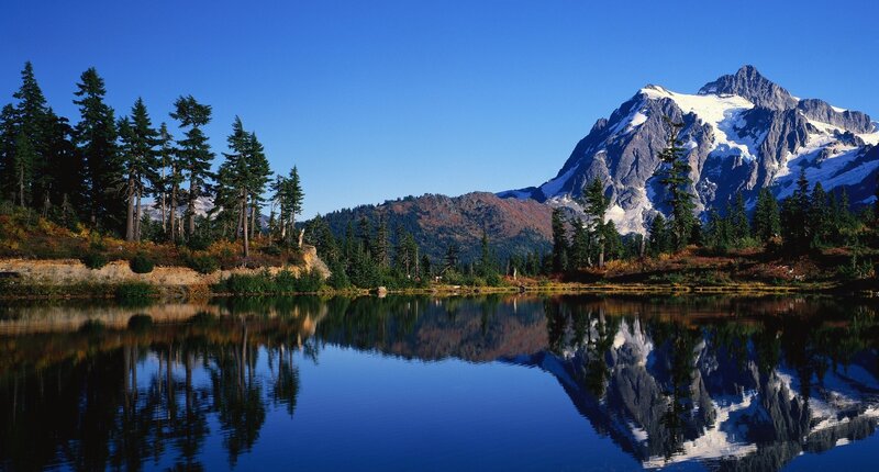 Snow-capped Mountain Lake — Blue, Serene, Afternoon, Photograph, Trees, Reflection, Green, White