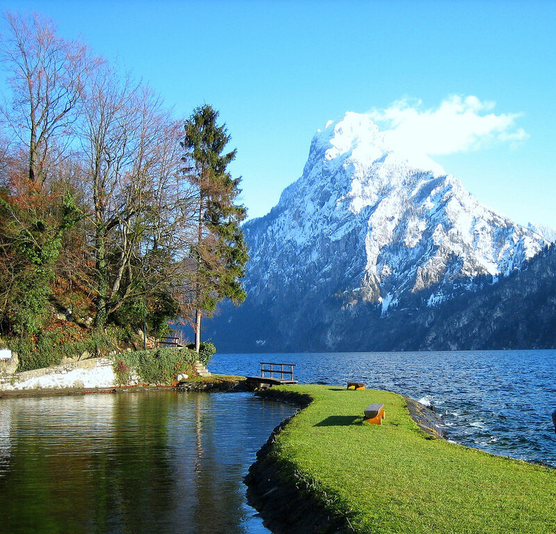 Snow-capped Mountain Lake — Blue, Serene, Afternoon, Photograph, Trees