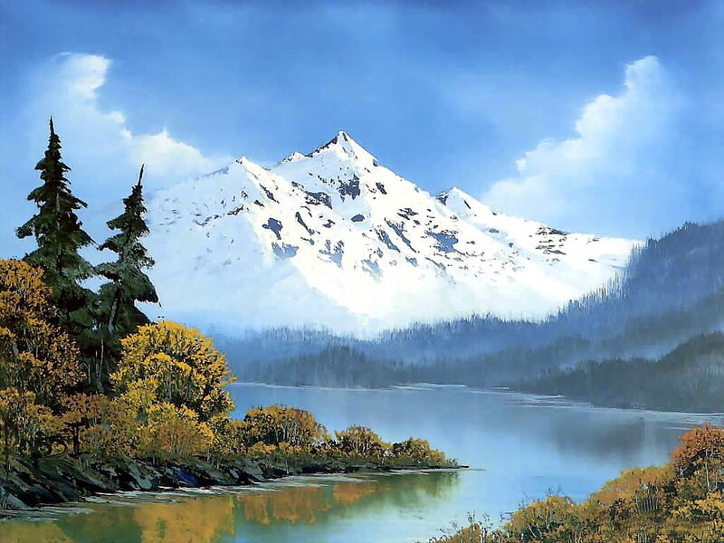 Snow-capped Mountain Lake — Blue, Serene, Autumn, Painting