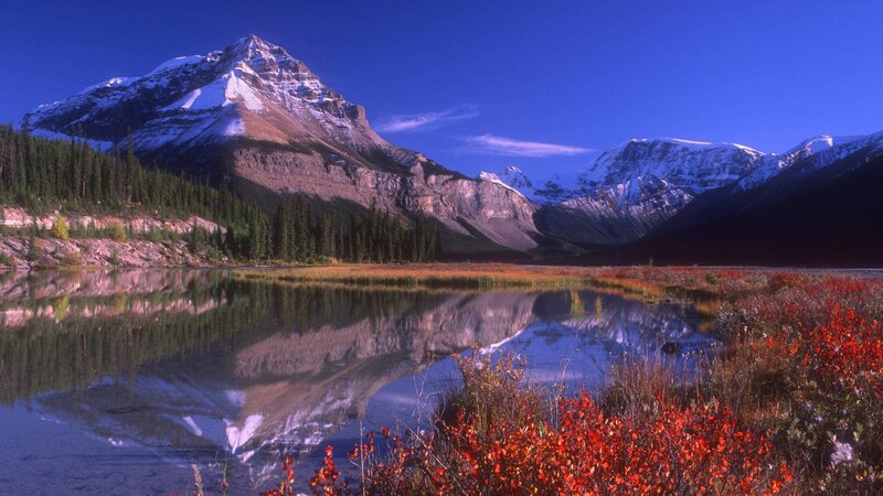 Snow-capped Mountain Lake — Blue, Serene, Autumn, Photograph, Forest