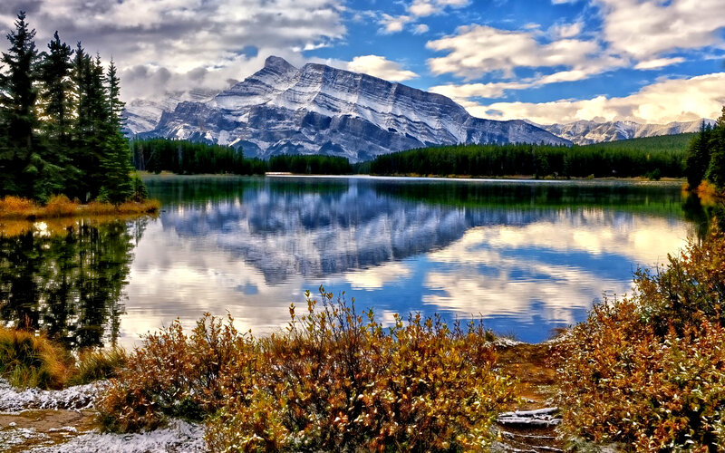 Snow-capped Mountain Lake — Blue, Serene, Autumn, Photograph, Forest, Trees