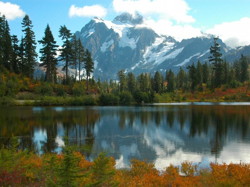 Snow-capped Mountain Lake — Blue, Serene, Autumn, Photograph