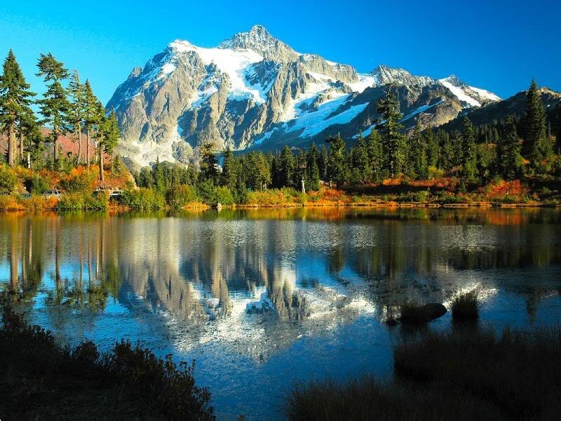 Snow-capped Mountain Lake — Blue, Serene, Autumn, Photograph, Trees, Forest