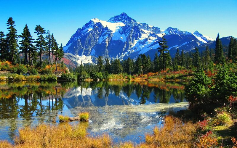 Snow-capped Mountain Lake — Blue, Serene, Autumn, Photograph, Trees