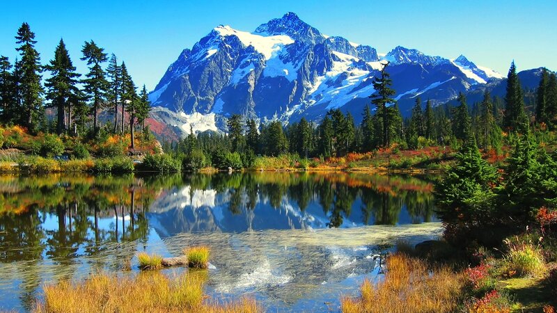 Snow-capped Mountain Lake — Blue, Serene, Autumn