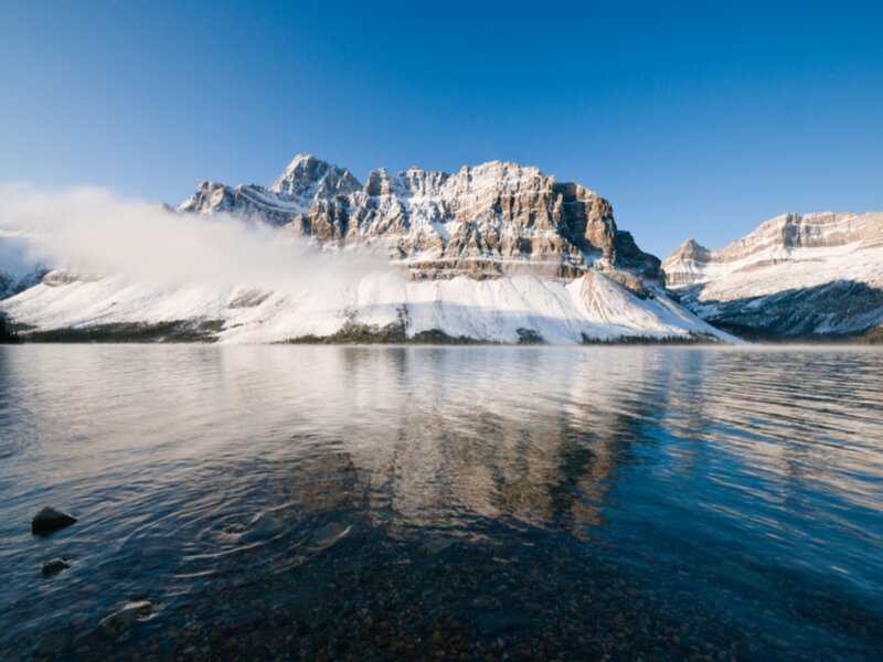 Snow-capped Mountain Lake — Blue, Serene, Morning, Photograph, Clouds