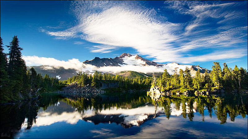 Snow-capped Mountain Lake — Blue, Serene, Morning, Photograph, Forest, Clouds