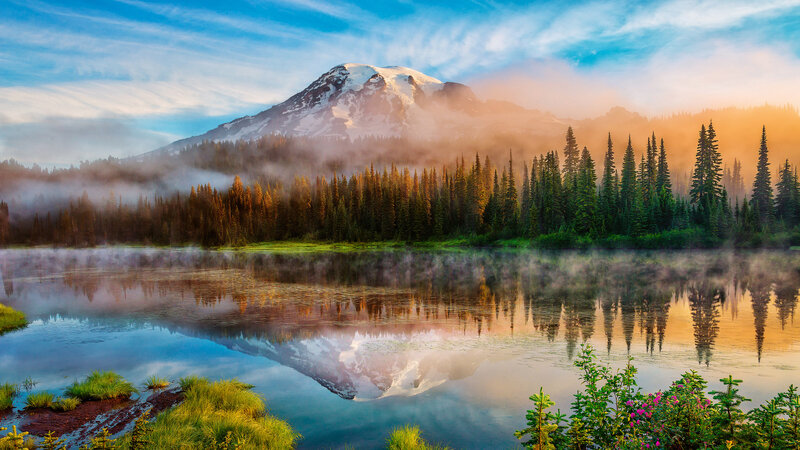 Snow-capped Mountain Lake — Blue, Serene, Morning, Photograph, Forest, Mist, Reflection
