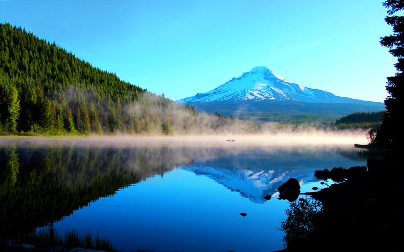 Snow-capped Mountain Lake — Blue, Serene, Morning, Photograph, Forest, Mist