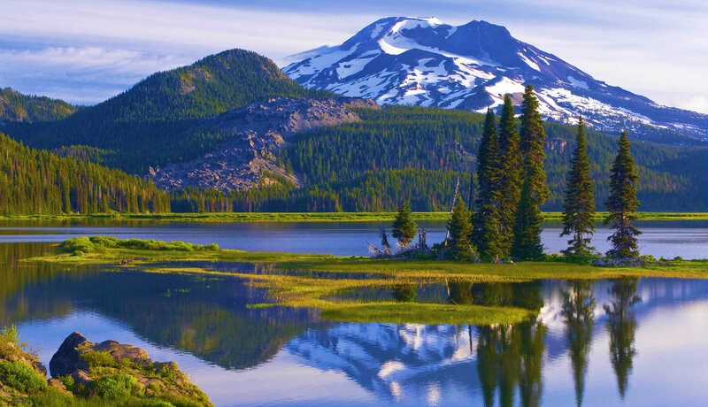 Snow-capped Mountain Lake — Blue, Serene, Morning, Photograph, Forest, Trees