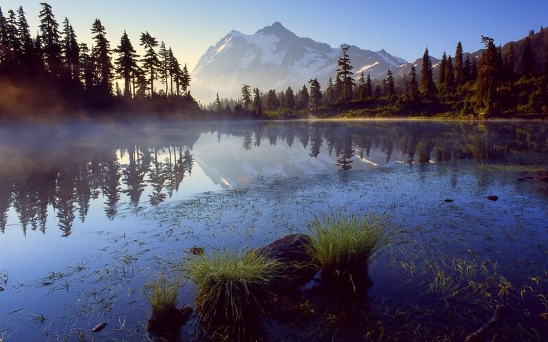 Snow-capped Mountain Lake — Blue, Serene, Morning, Photograph, Trees, Mist, Reflection