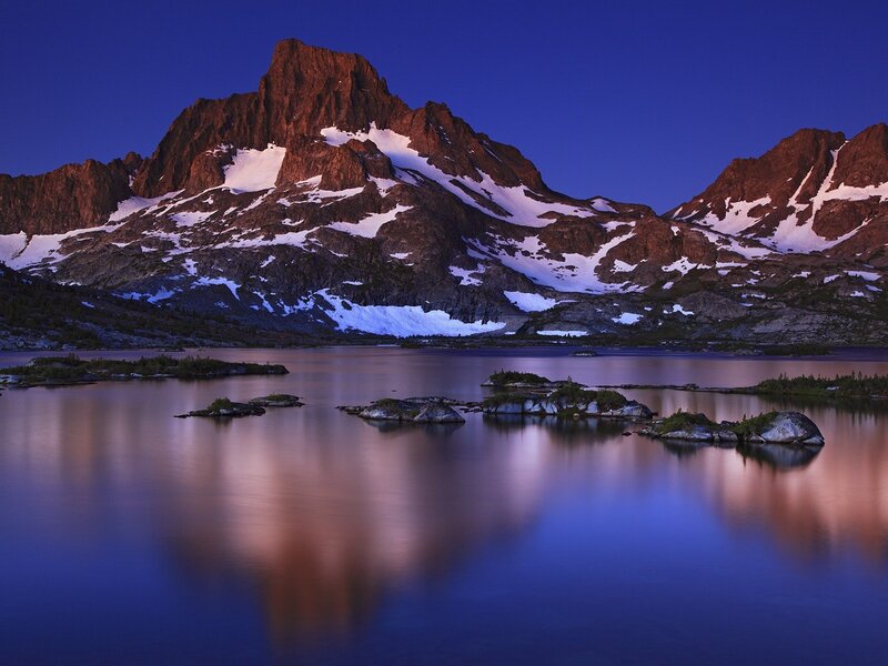 Snow-capped Mountain Lake — Blue, Serene, Night, Photograph, Island, Snow