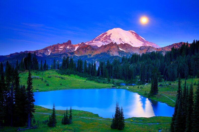 Snow-capped Mountain Lake — Blue, Serene, Night, Photograph, Moon