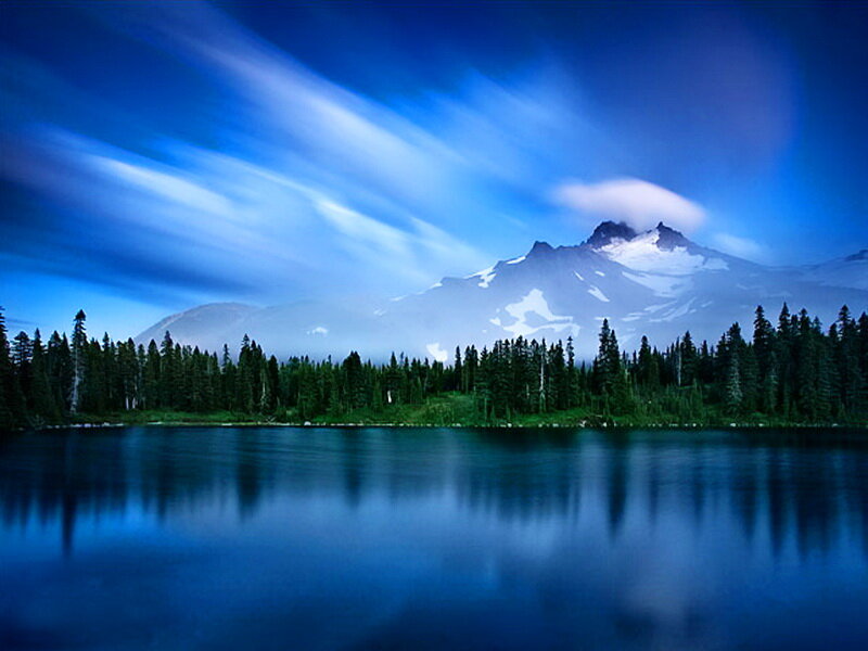 Snow-capped Mountain Lake — Blue, Serene, Night, Photograph