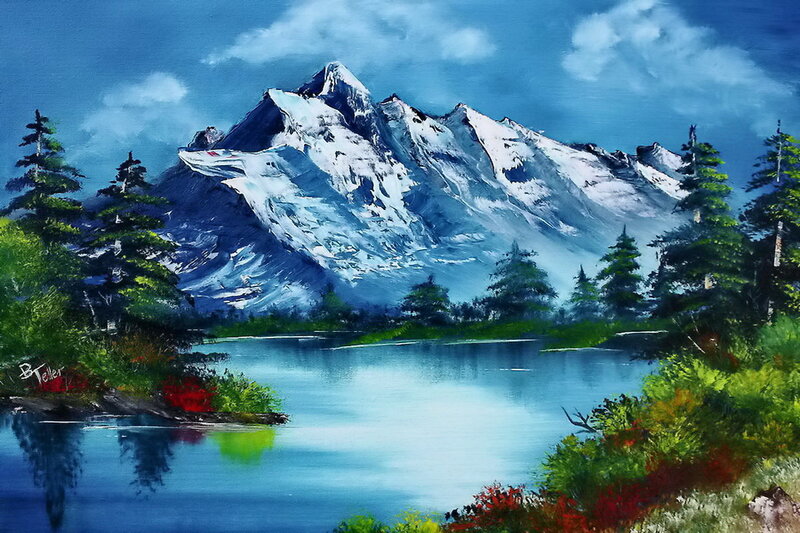Snow-capped Mountain Lake — Blue, Serene, Painting
