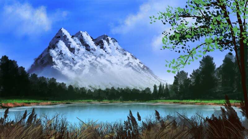 Snow-capped Mountain Lake — Blue, Serene, Spring, Digital Art