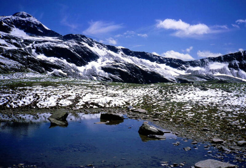 Snow-capped Mountain Lake — Blue, Serene, Summer, Photograph, Snow