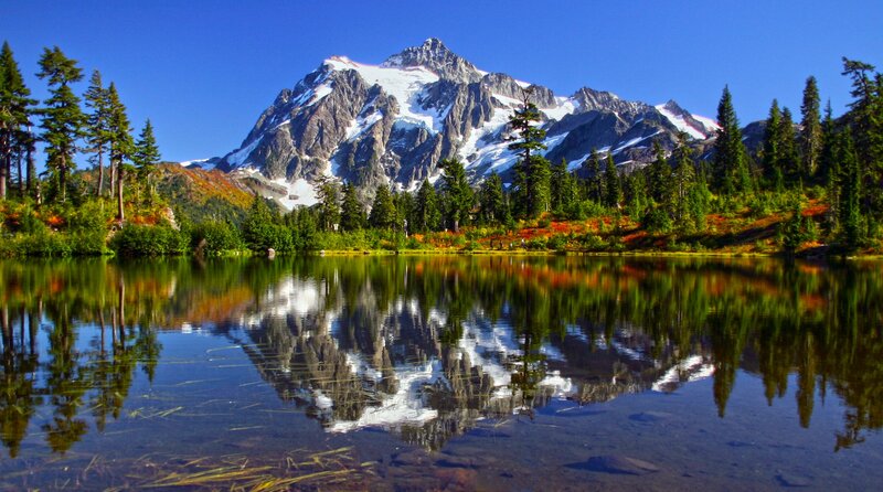 Snow-capped Mountain Lake — Blue, Serene, Summer, Photograph, Trees, Reflection