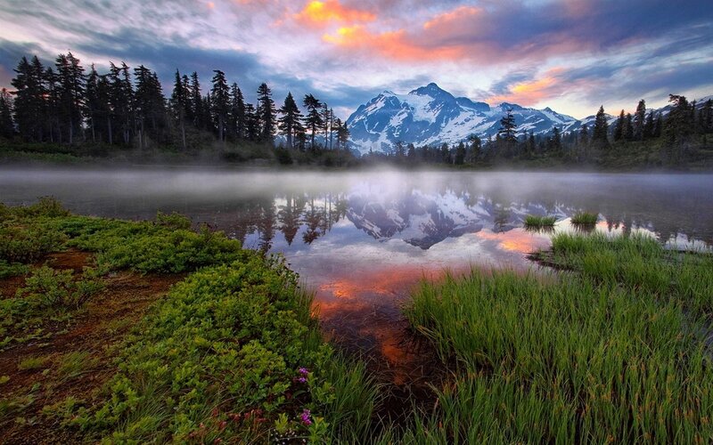 Snow-capped Mountain Lake — Blue, Serene, Sunrise, Photograph, Forest