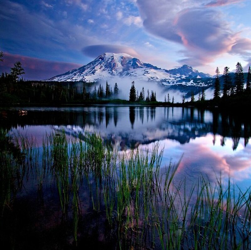 Snow-capped Mountain Lake — Blue, Serene, Sunrise, Photograph