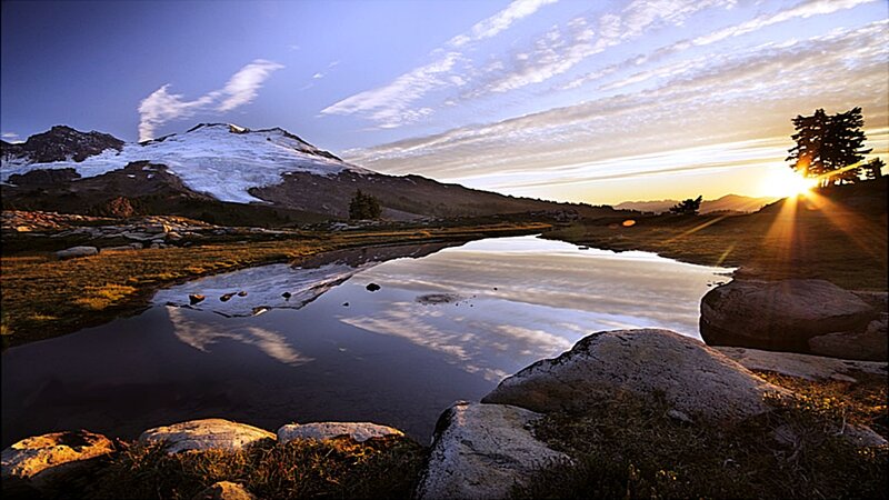 Snow-capped Mountain Lake — Blue, Serene, Sunrise, Photograph, Tree